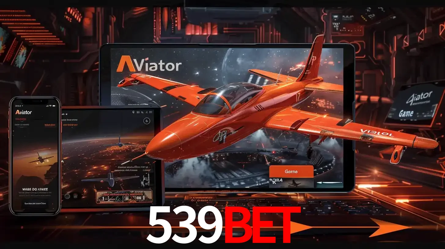 Apresentação tecnológica do jogo Aviator com um avião saindo da tela de um tablet, demonstrando a experiência imersiva em múltiplos dispositivos no 539bet.